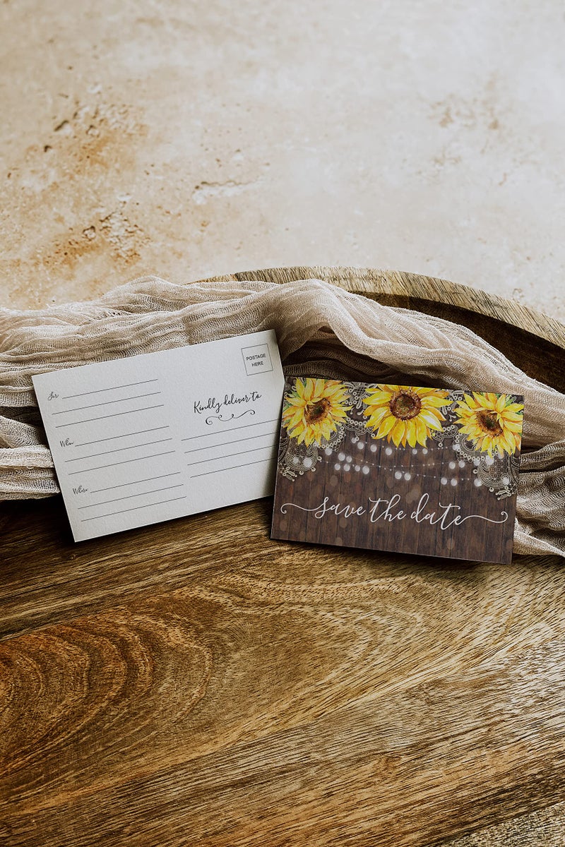 Your Main Event Prints 50 Sunflower Save The Date Cards for Wedding, Engagement, Anniversary, Baby Shower, Birthday Party - Wood Save The Dates Postcard Invitations - 4x6, No Envelopes Needed - Image 4